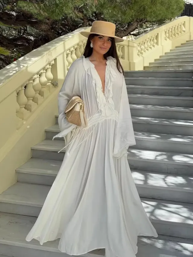 Collar Lace up White Long Sleeve Dress White - Shop at LoveMi