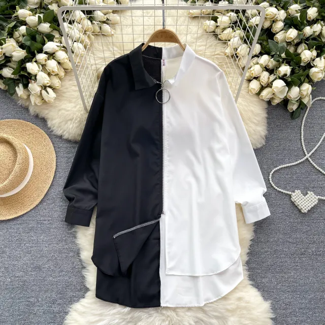 Idle Style Mid length Color Matching Shirt Black - Shop at LoveMi