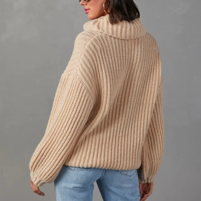 Solid Color Turtleneck Long Sleeve Loose Dress Sweater Apricot - Shop at LoveMi