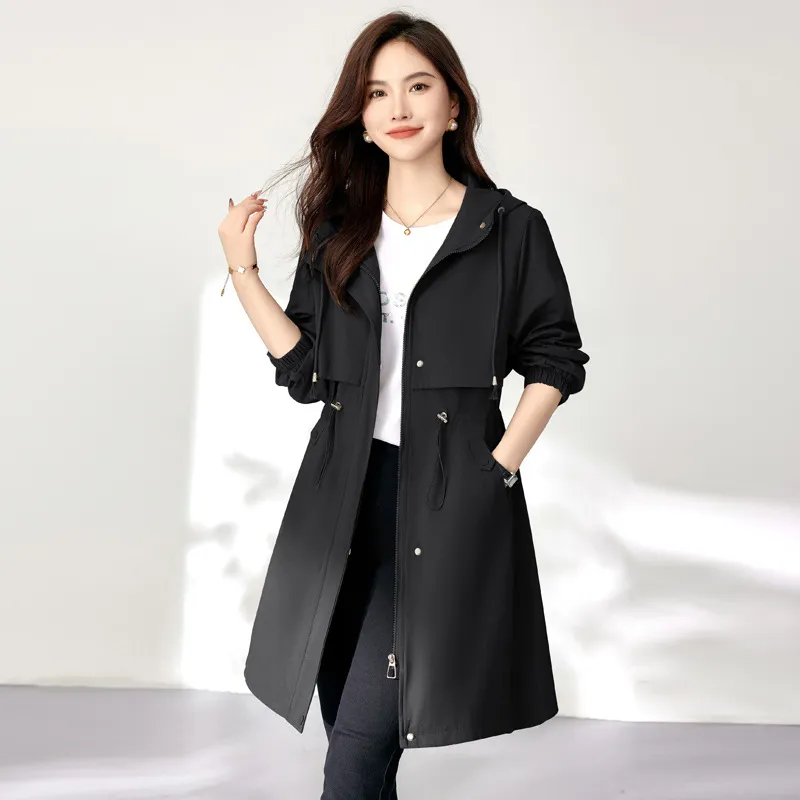 Early Autumn Casual Women's Windbreaker Loose Hooded Fashion Mid-length Slimming Coat - Black