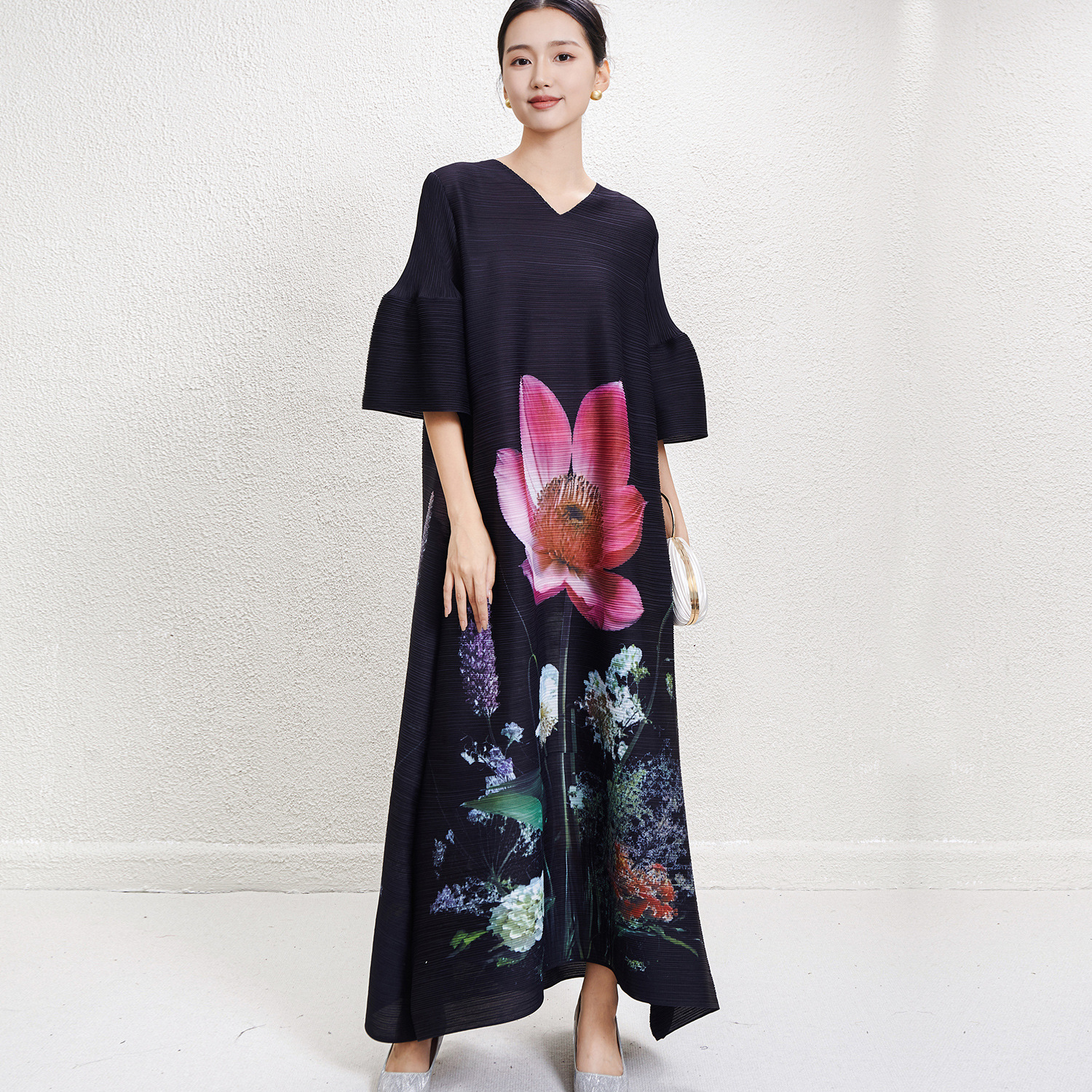 Slimming Retro Printed Belly Covered A- Line Dress