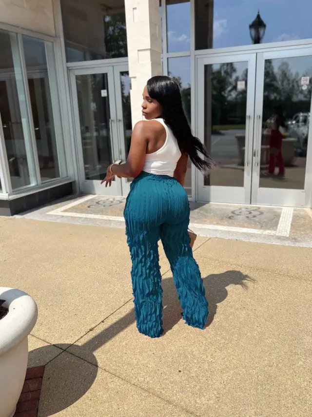 Women's Mesh Wavy Ruffled Loose High Waist Wide Leg Trousers Sea Blue - Shop at LoveMi