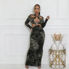Autumn New Sexy Cutout Flocking Long-sleeved Dress For Women - Dark Green - View 1