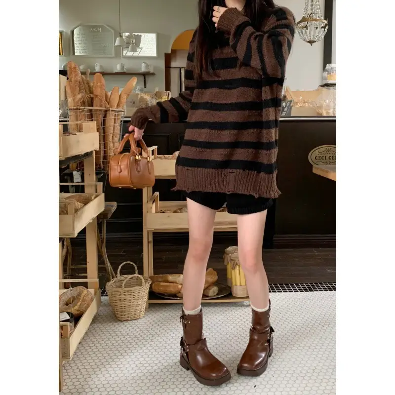 Ripped Outerwear Sweater Female Autumn And Winter Lazy Style
