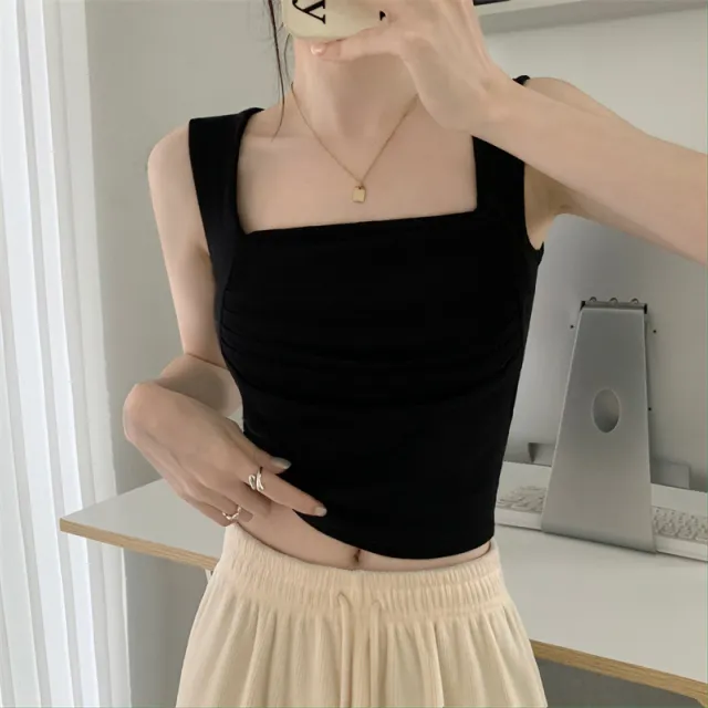 French Pleated Small Sling Vest For Women Inner Bottoming Shirt Black - Shop at LoveMi