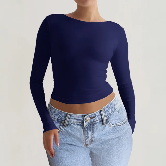 Chic Slim fit Long sleeve Solid color Base T shirt For Women Navy Blue - Shop at LoveMi