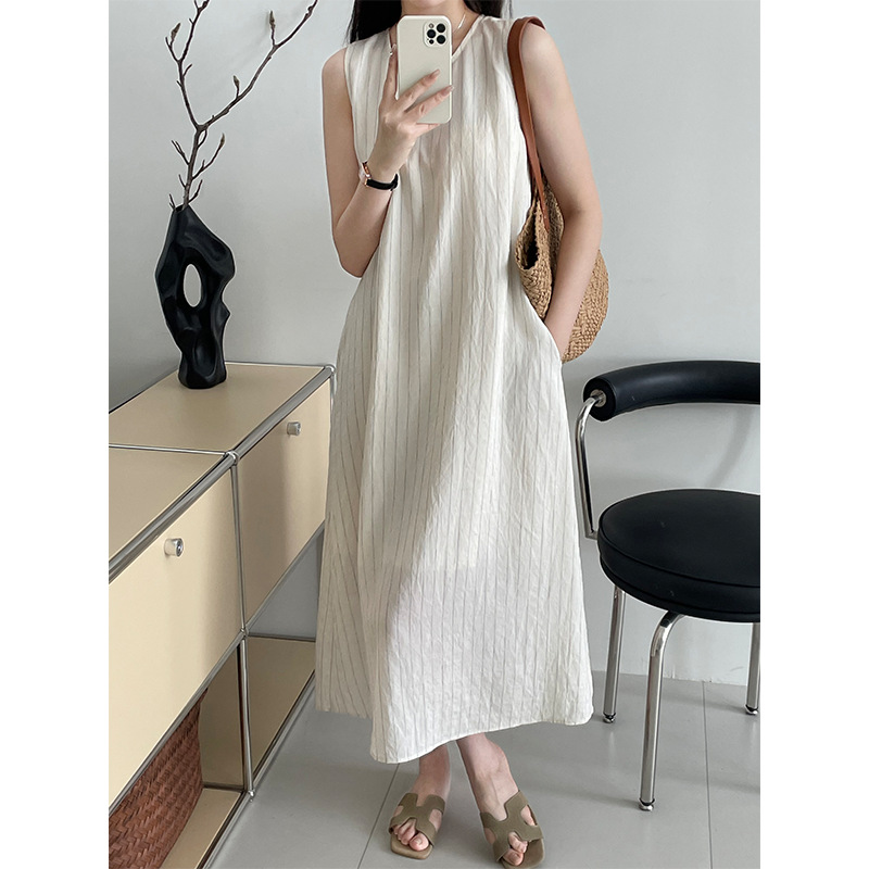 Womens Striped Loose-fit Sleeveless Dress