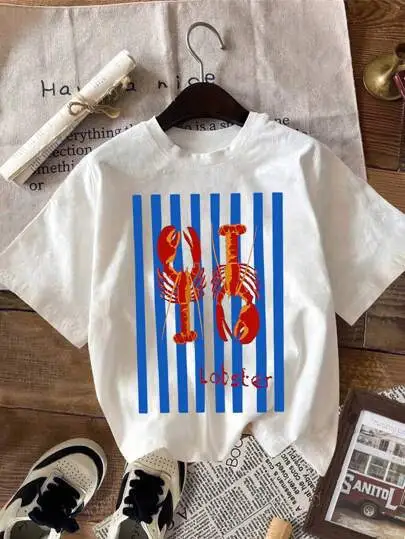 Casual Round Neck Short Sleeves Lobster Print Gra Blueandwhite - Shop at LoveMi