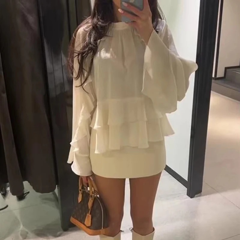 Ruffled Vintage Beige Satin Top for Women, Long Sleeve