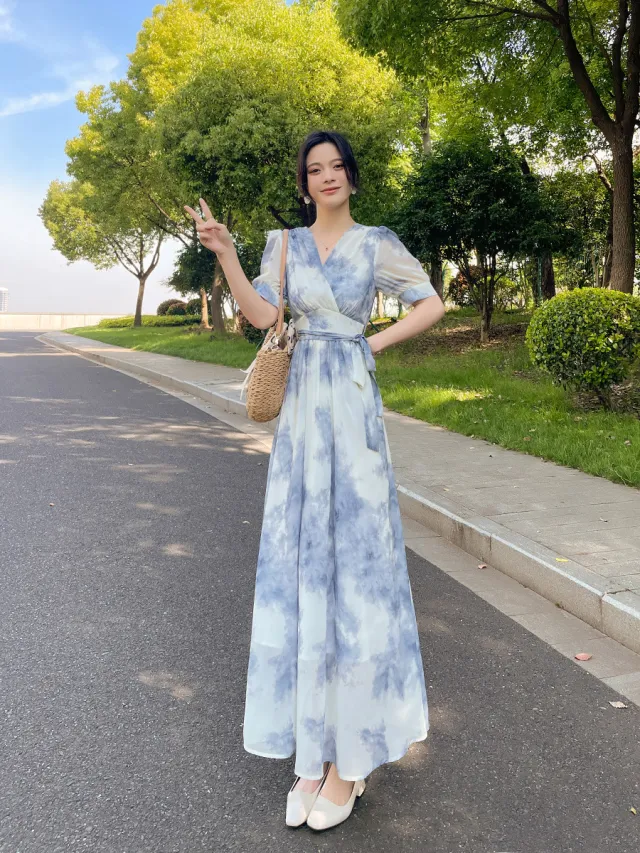Women's Elegant Waist Cinching Floral Dress Blue - Shop at LoveMi