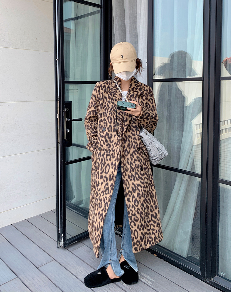 Women's Long Winter Leopard Print Woolen Coat
