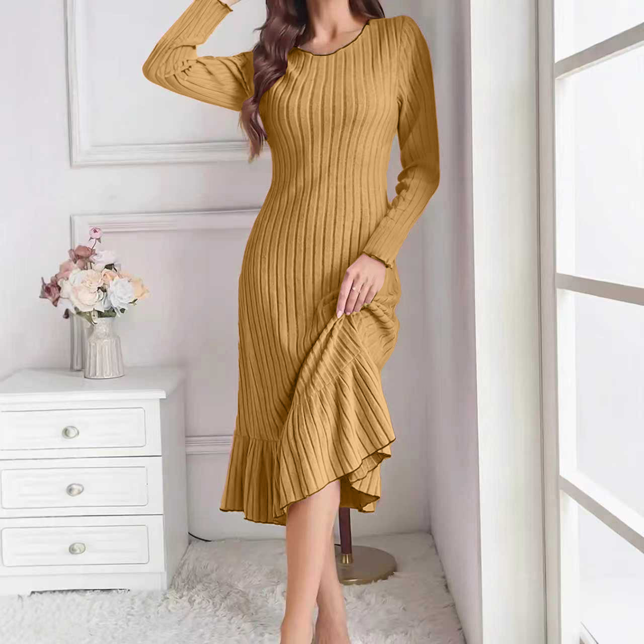 Women's Fashion Solid Color Ruffle Sleeve Long Dress Khaki - Shop at LoveMi