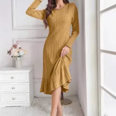Women's Fashion Solid Colour Ruffle Sleeve Long Dress - Khaki - View 1