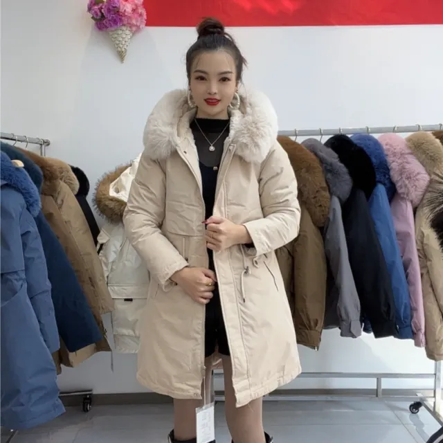 Women's Hooded Fleece Lined Padded Warm Keeping Big Fur Collar Beige - Shop at LoveMi