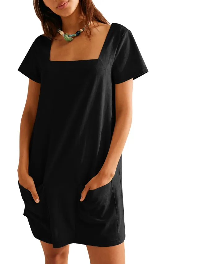 Casual Pocket Short Sleeve Dress Women Black - Shop at LoveMi