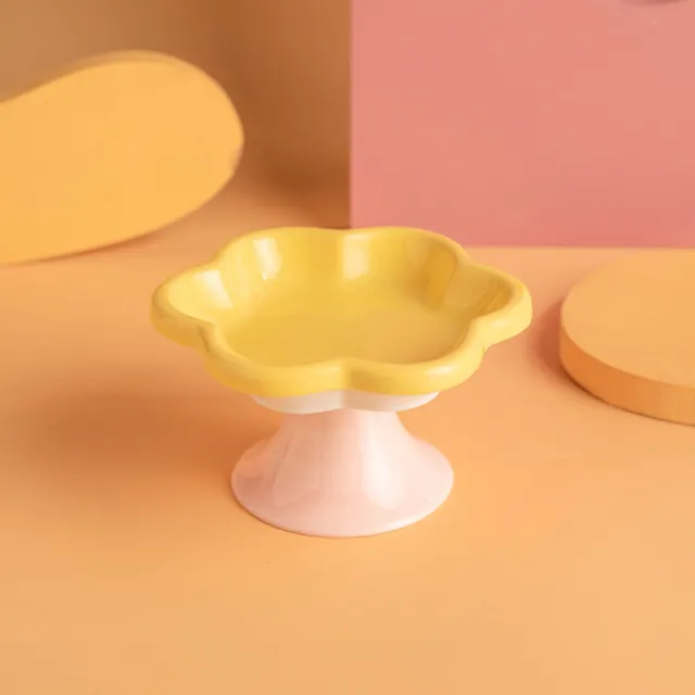Pet Ceramic Cat Bowl Flower High Foot Anti turning Enamel Stain Resistant Supplies Food Basin Blue And Green - Shop at LoveMi