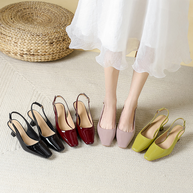 New French-style Closed-toe Sandals Womens Summer Patent Leather High Heels