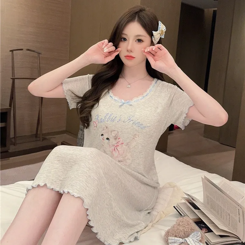 Modal Sunken Stripe Cotton Cartoon Loose Dress - Pink Cat