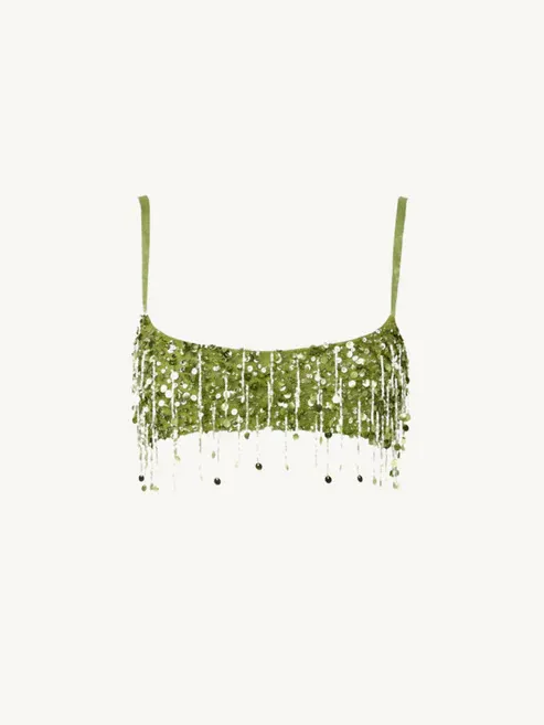 Tassel Sequins Crystal Beads Short Skirt Overall Dress Set Green Top - Shop at LoveMi