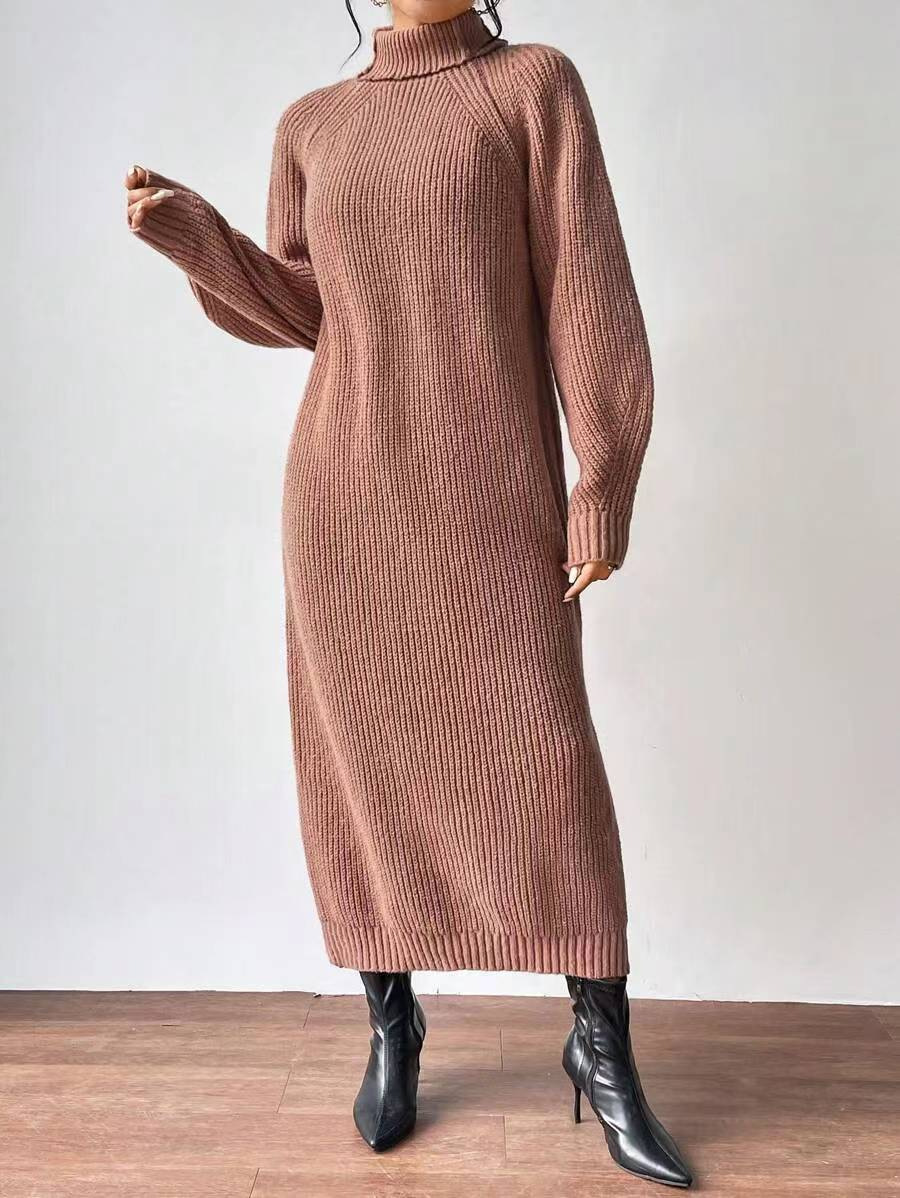 Fashion Pullover High Collar Long Sleeve Knitted Dress Solid Color Long Interior Camel Khaki - Shop at LoveMi