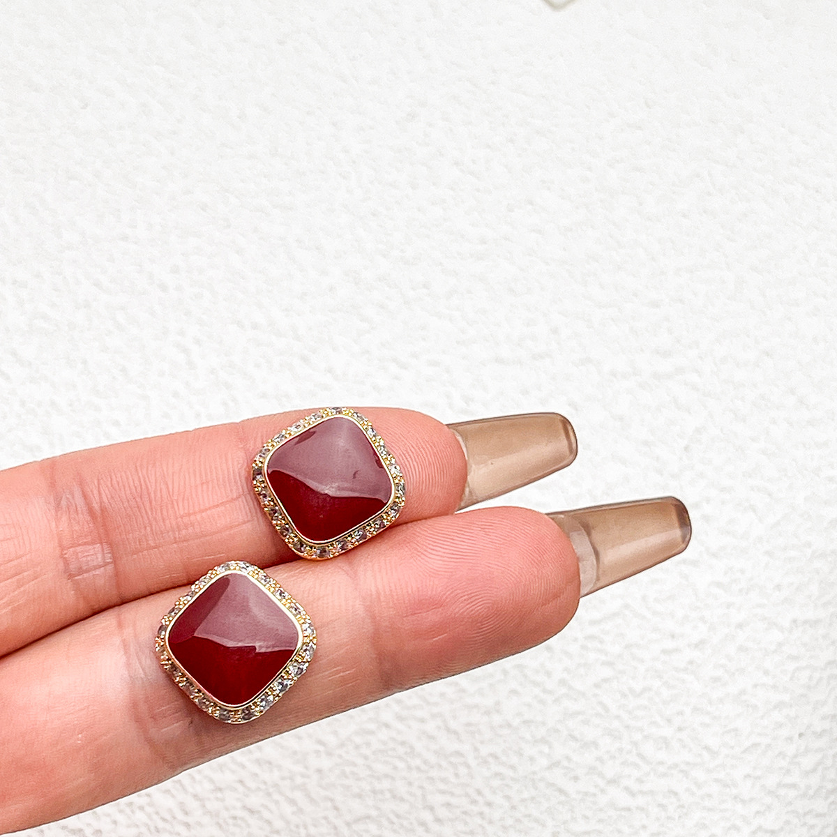 Retro Red Plate Temperament Inlaid Square Simple And Stylish Earrings
