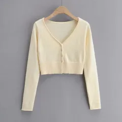 Long Sleeve Knitted Cardigan Bottoming Slim Fit Slimming Short Top - White - View 1