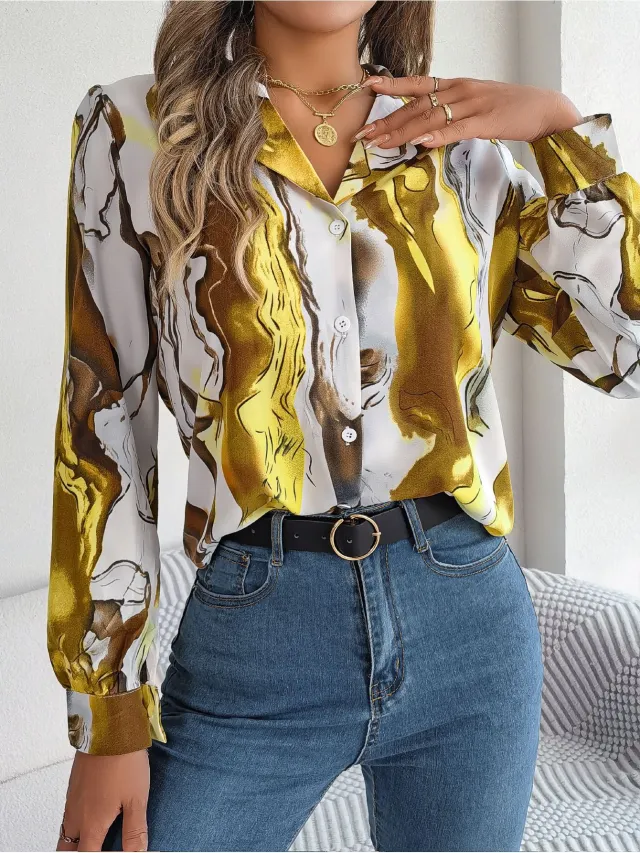 Casual Contrast Color Striped Shirt Suit Collar Long Sleeve Shirt Yellow - Shop at LoveMi
