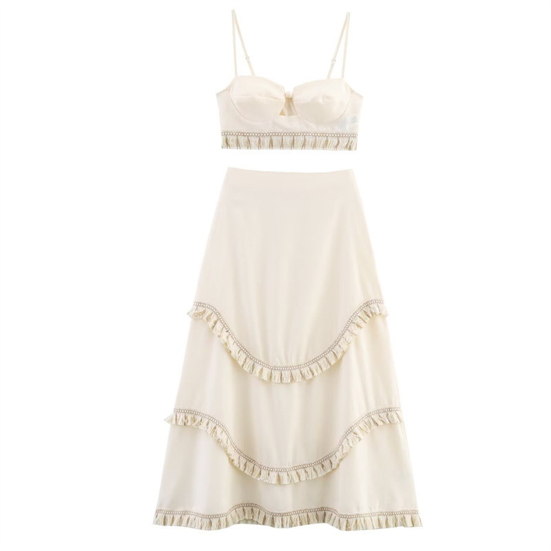Vacation Style Tassel Decoration Two-piece Sling Two-piece Overskirt Suit