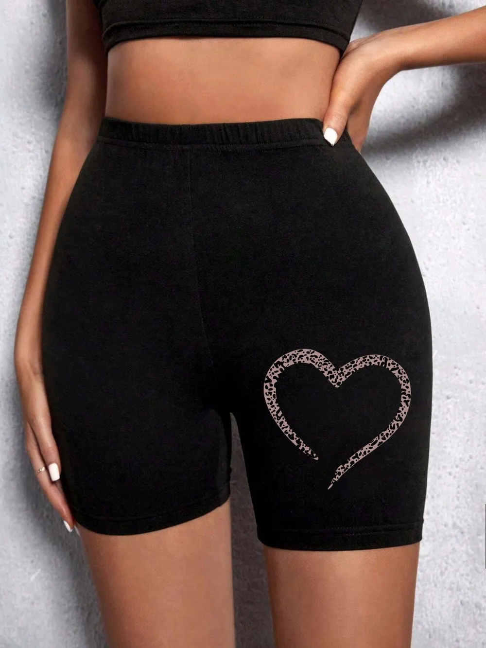 Summer Woman Tight Shorts Leopard Heart And Love Letter Grap - Black2