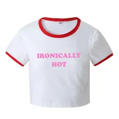 Letter Sexy Navel Short Short Sleeve T-shirt Top - Red - View 1