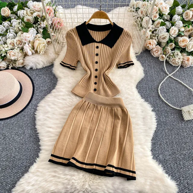 Contrast color Button front Top With A High waisted Skirt Brown - Shop at LoveMi