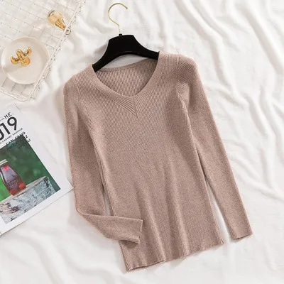 Women's Slim fit Long sleeved Pullover Skinny V neck Sweater Khaki - Shop at LoveMi