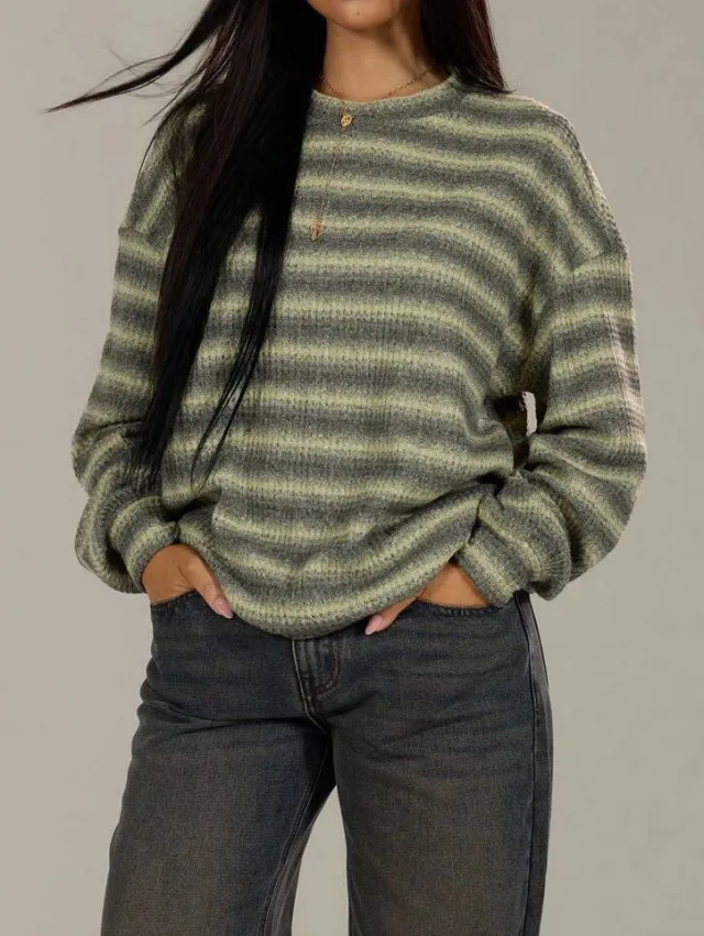 Casual Elegant Round Neck Striped Pullover Knitted Sweater Green - Shop at LoveMi