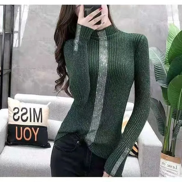 Slim Fitting Diamond Studded Versatile Top With Trendy Long Sleeves - Dark Green