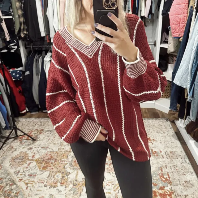 Women's V collar Contrast Color Striped Pullover Loose Sweater Red - Shop at LoveMi