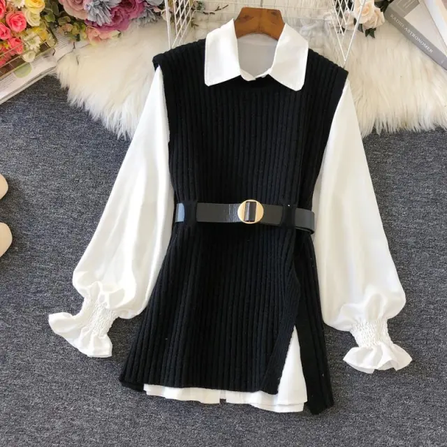 Shirt Knitted Two piece Vest Set Fan Casual Fashion Black - Shop at LoveMi