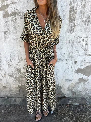 Women's Elegant Leopard Print Long Dress Dark Brown - Shop at LoveMi