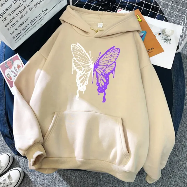 White And Purple Butterfly Pattern Hoodie Beige - Shop at LoveMi