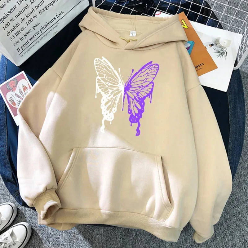 White And Purple Butterfly Pattern Hoodie - Beige