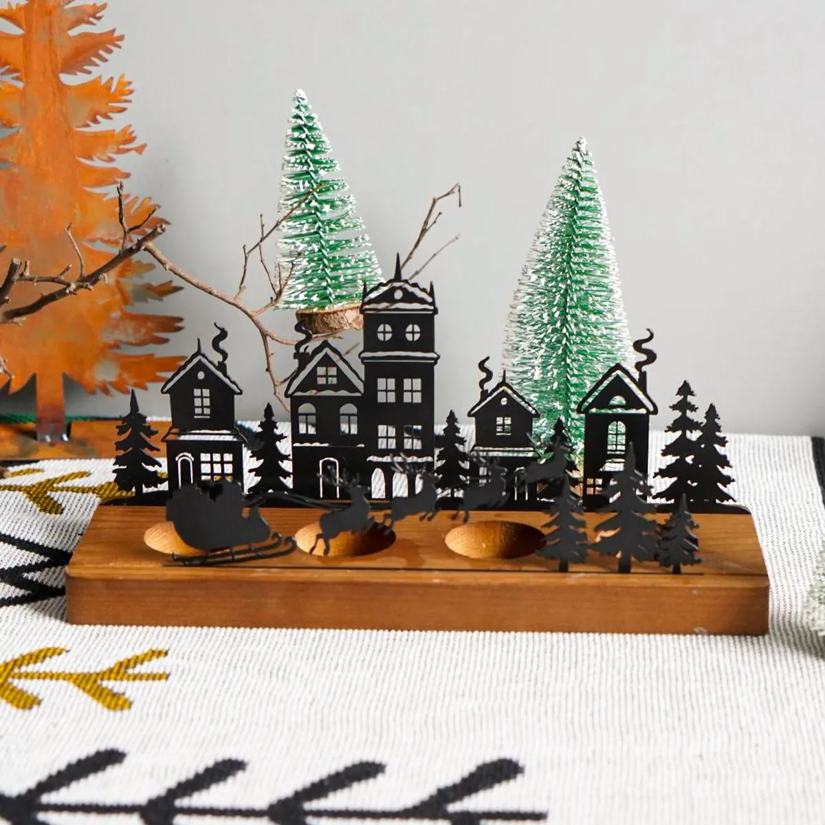 Wrought Iron Christmas Tree Candle Stick Wooden Base Candle Holder – image 7