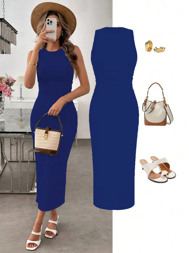 Vacation Style Short Sleeve Slit Slim fitting Dress Dark Blue - Shop at LoveMi