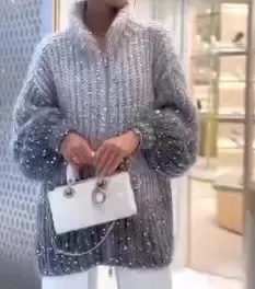 Western Classy Style Fashion Sequin Design Knitwear Coat Gray - Shop at LoveMi