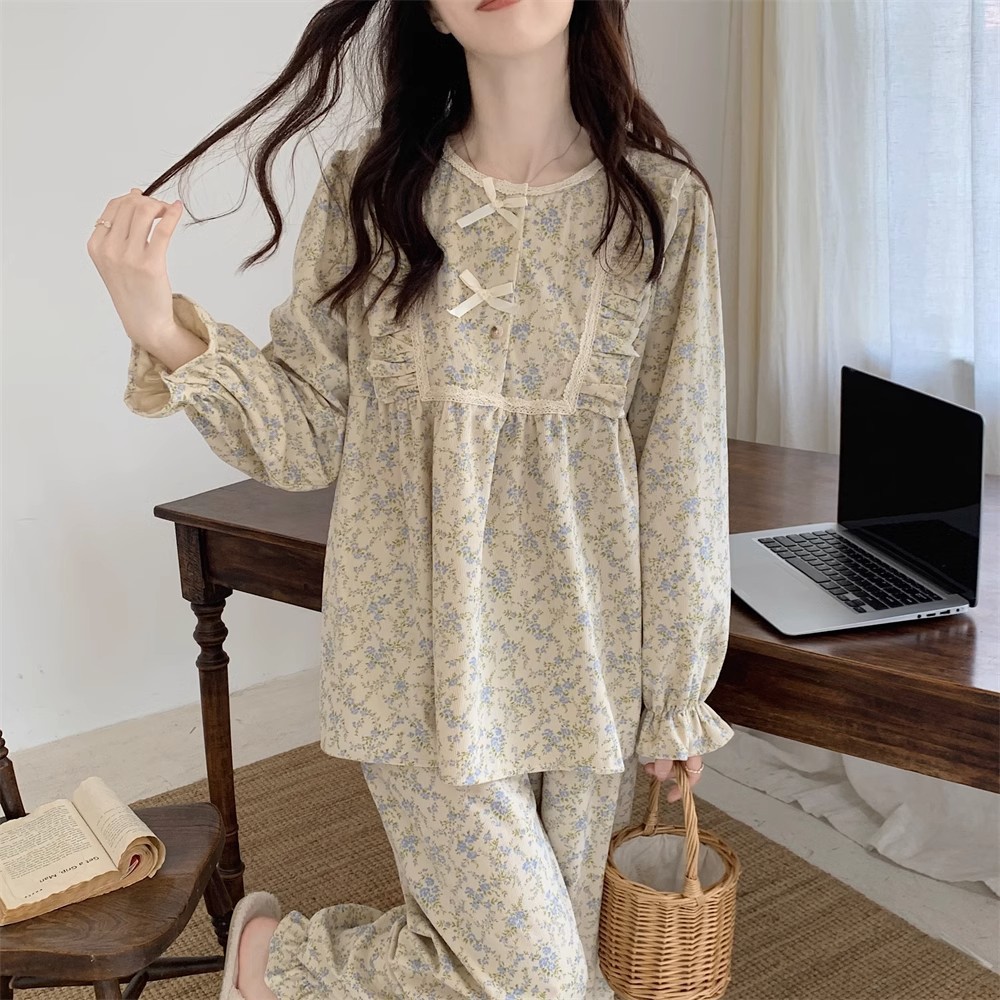French Lace Mori Style Pastoral Style Dormitory Long Sleeve Outerwear Homewear Suit Floral - Shop at LoveMi