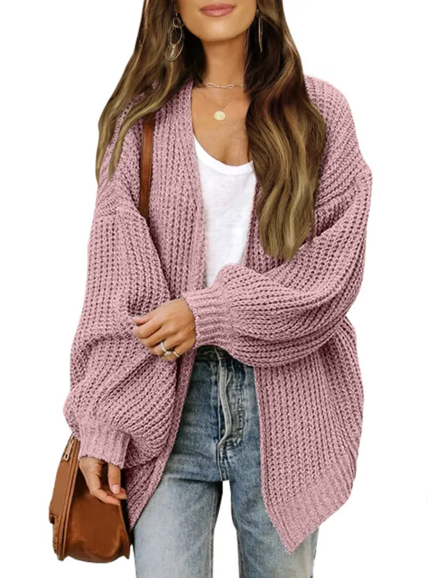 Lantern Sleeve Sweater Women's Coat Coarse Yarn Pocket Knitted Cardigan Pink - Shop at LoveMi
