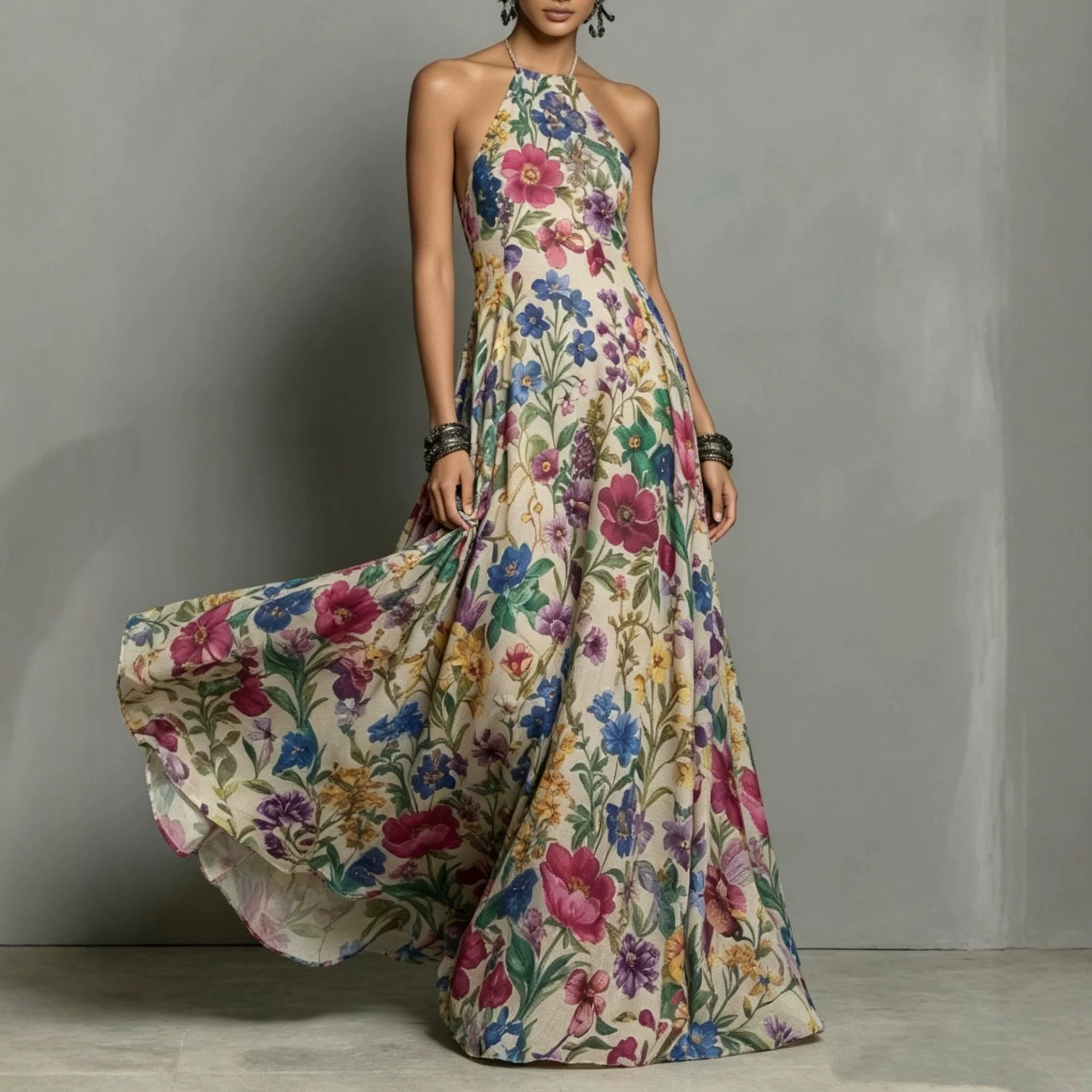 Plant And Floral Print Halter-neck Dress