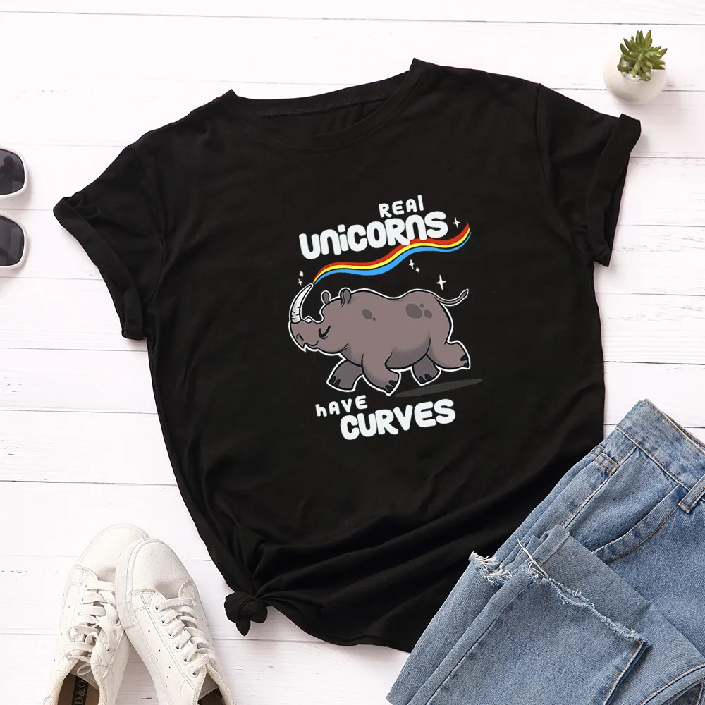 Women's Short-sleeved T-shirt Rainbow Rhino Printed Round Neck - Black