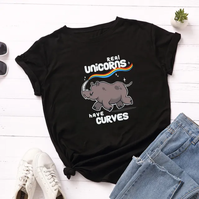 Women's Short sleeved T shirt Rainbow Rhino Printed Round Neck Black - Shop at LoveMi