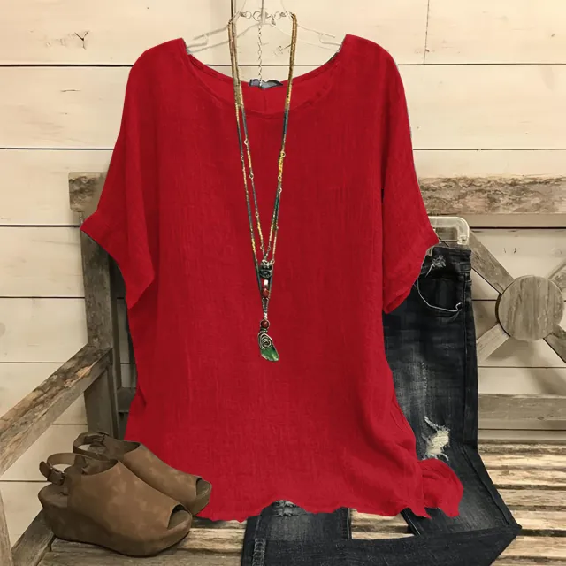 Women's Casual Loose fitting Fashionable Solid color Crew neck Top Red - Shop at LoveMi