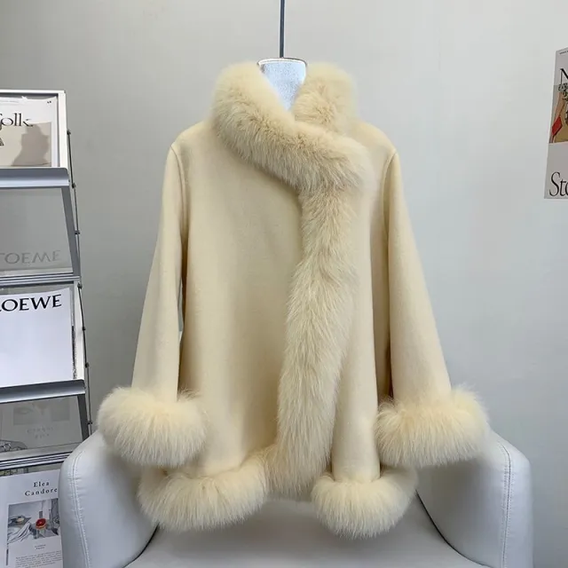 Socialite Cloak Fur Jacket Women's Reversible Woolen Coat Mid length Young Milky Yellow - Shop at LoveMi