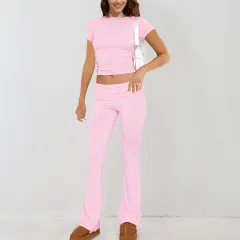 European And American-style Sporty Short-sleeve T-shirt And Long Pants Two-piece Women's Outfit - Pink - View 1
